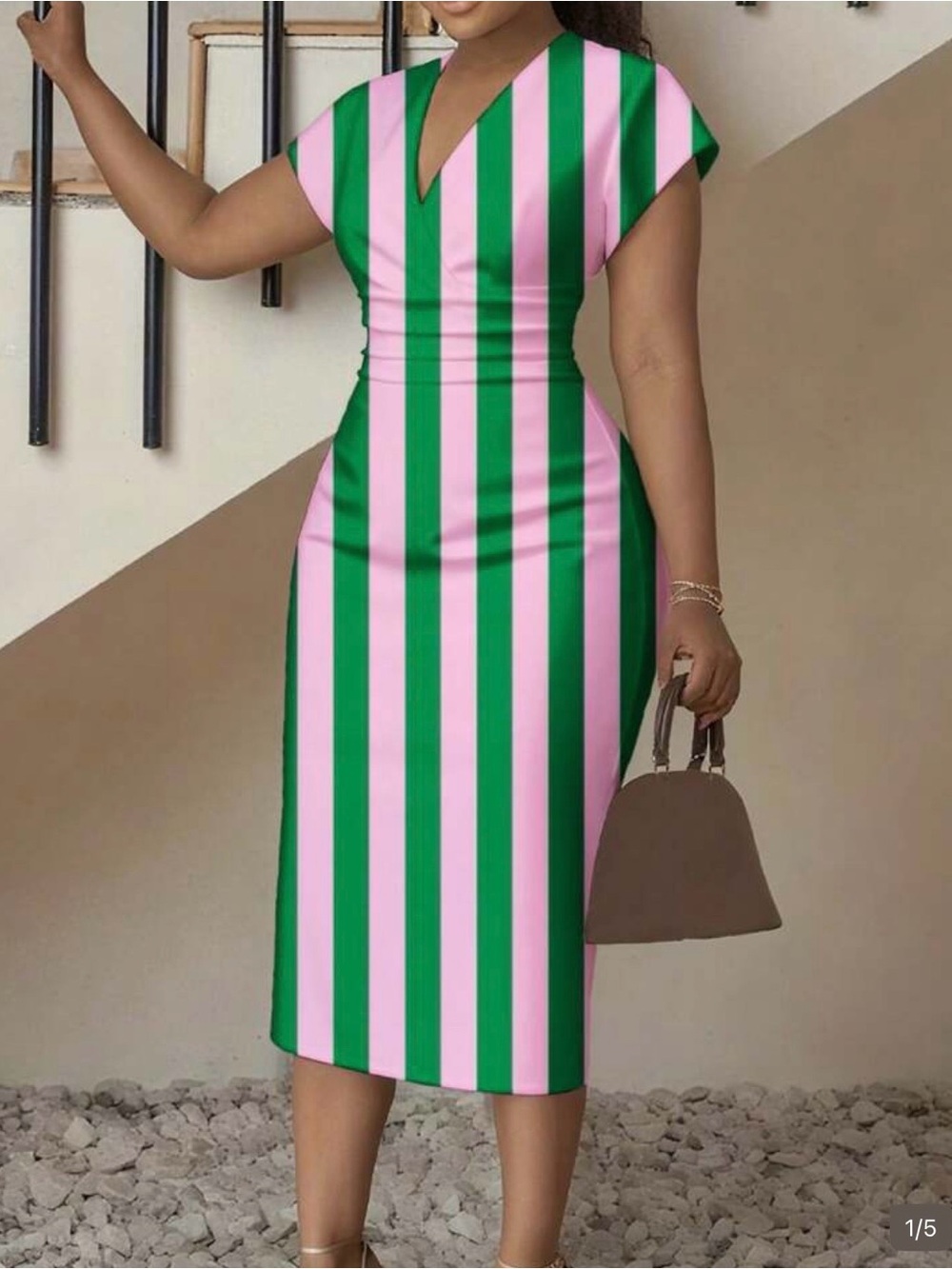 SHEIN Pink and Green Vertical Stripe Midi Dress